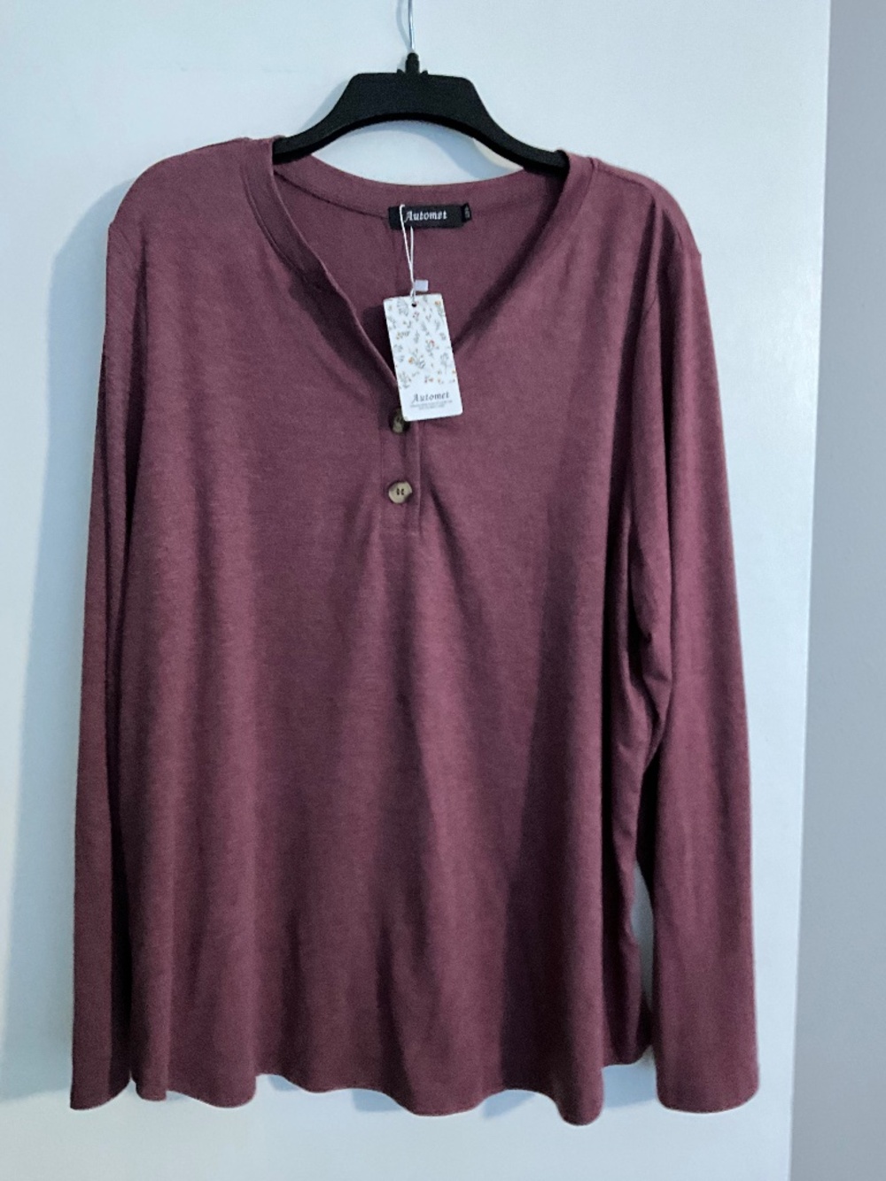burgundy long-sleeve Henley top by Automet.